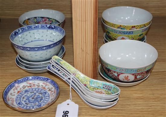 A group of Chinese famille rose bowls, dishes and spoons